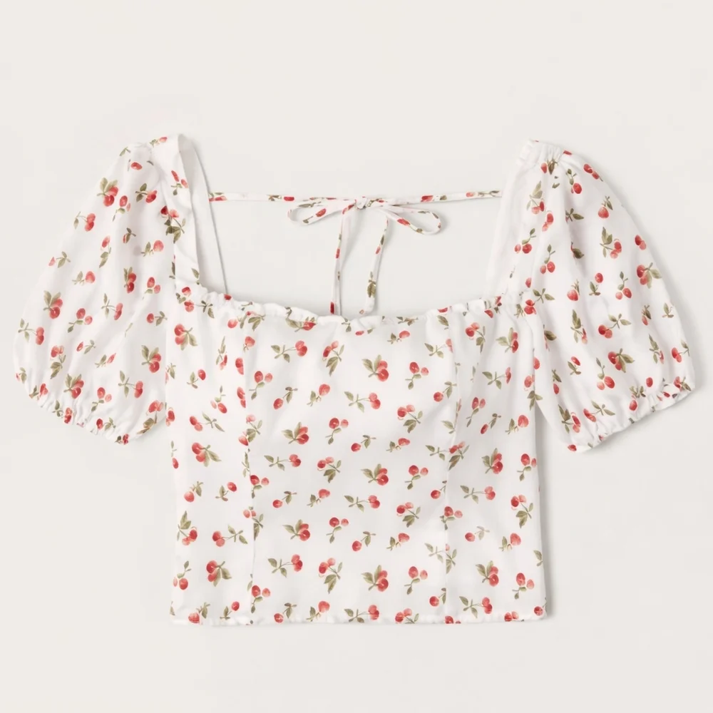 Abercrombie & Fitch Square Neck Puff Sleeve Top Cherry Print
